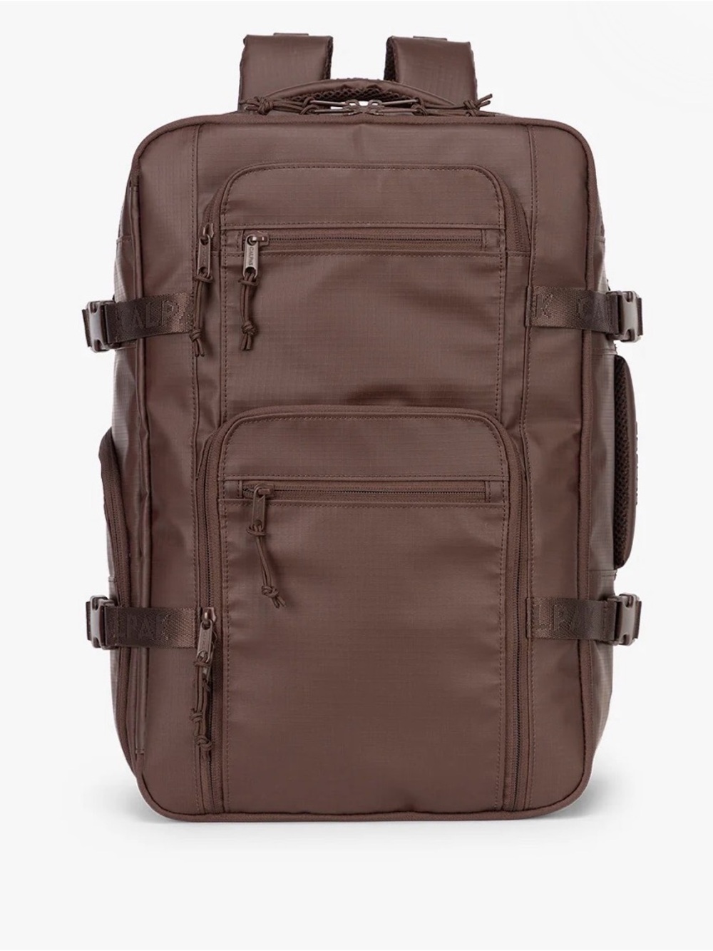 calpak terra duffel backpack in walnut/cacao ISO